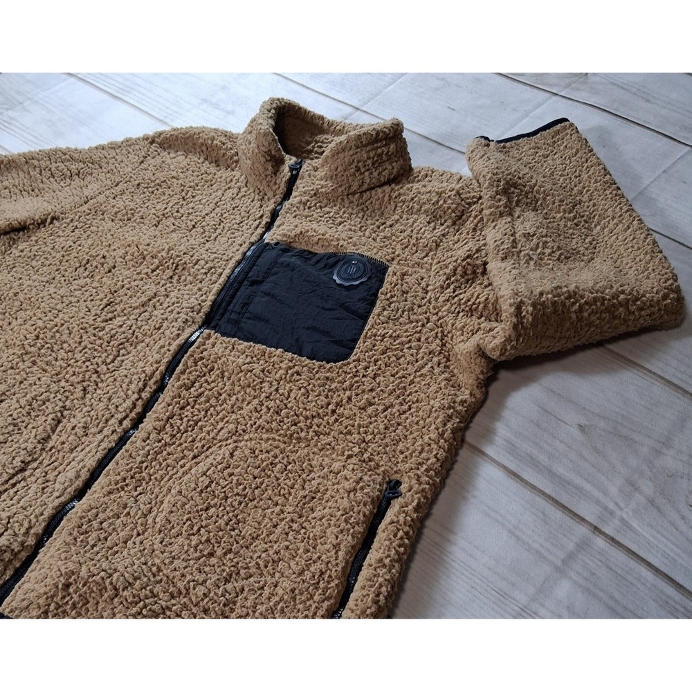Tommy Hilfiger Sherpa Fleece Jacket Men's L Tan Full Zip Faux Fur Crest Pocket